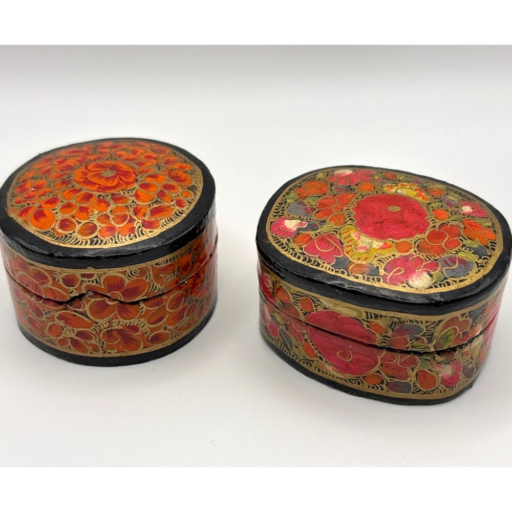 Vintage Kashmiri Paper Mache Trinket Boxes Floral Design Ring Boxes Decor Boxes